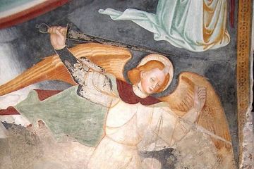 affresco di san Michele arcangelo nella pieve romanica di Volpedo, da cui è tratto il logo del Cammino di San Michele